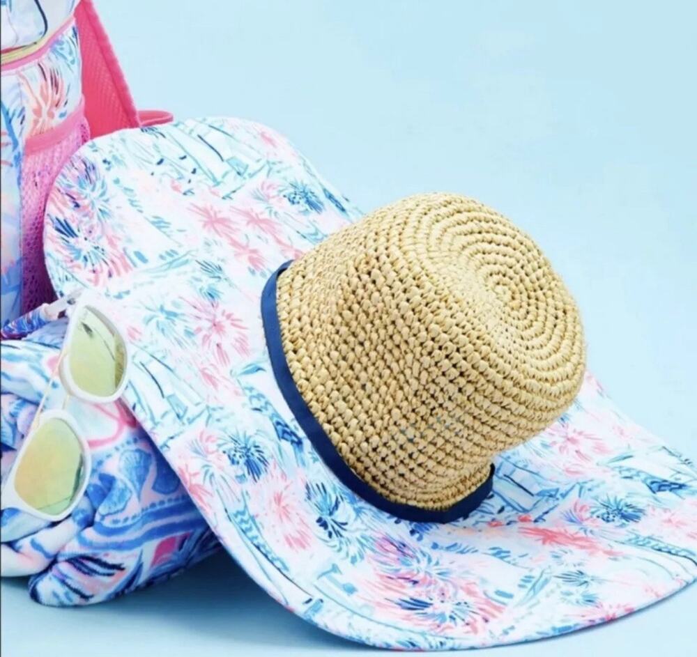 Lilly Pulitzer Beach Hat In Crew Blue Tint Sea To Sea 19” Floppy Metallic